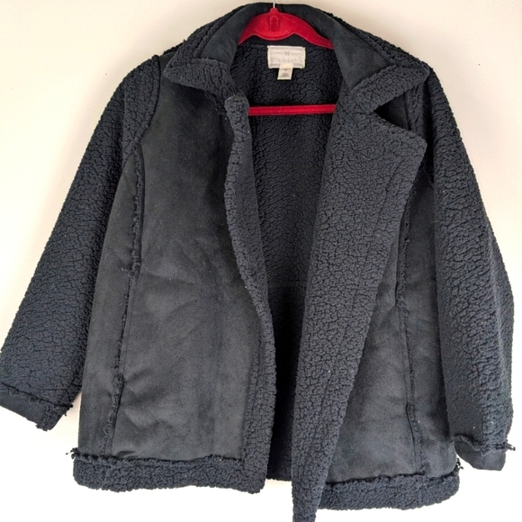 Faux Suede Sherpa Jacket Coat Black Open Front Cozy Everyday Outerwear - Picture 1 of 9